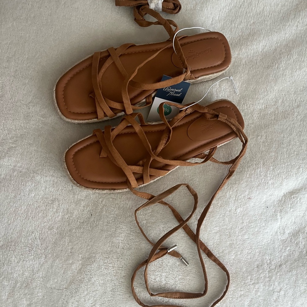 Tan and Cream Lace-Up Sandals with Flat Sole